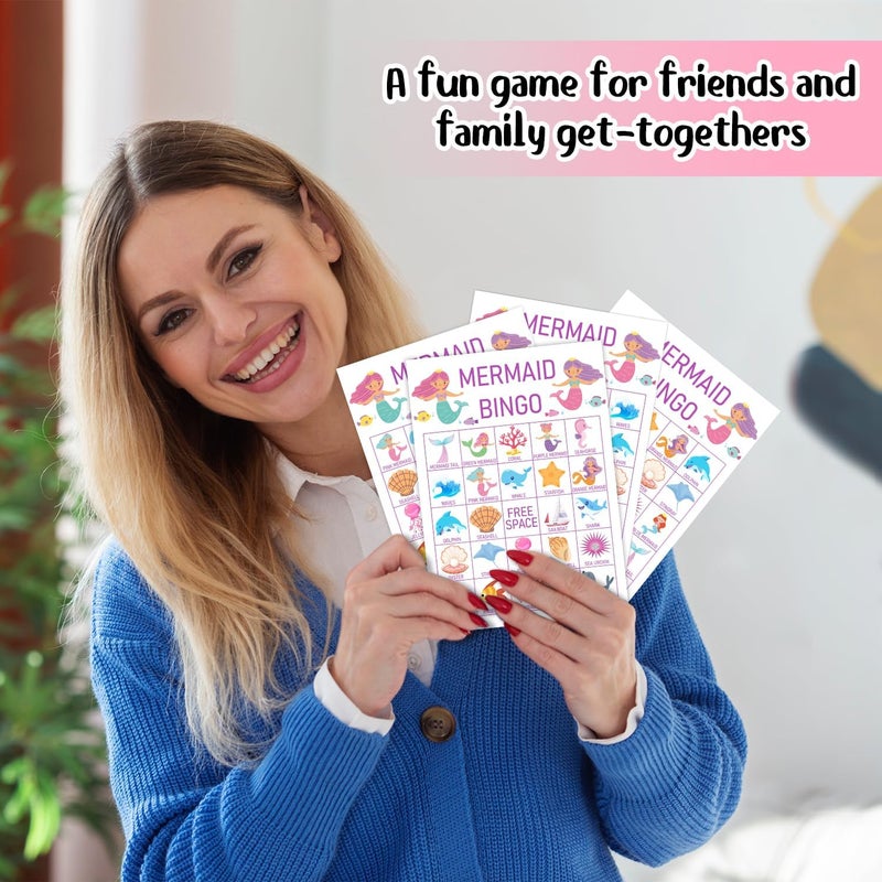 Qssfdgg Mermaid Bingo Cards, 24 Player Under The Sea Party Bingo Game for Family Adult, Ocean Mermaid Party Favor, Large Group Party Celebration Activity -08 - Image 4